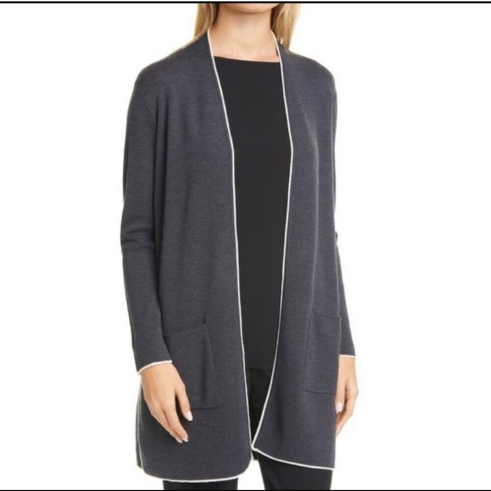 Eileen Fisher Charcoal Grey Wool Straight Long Cardigan Sweater XXS